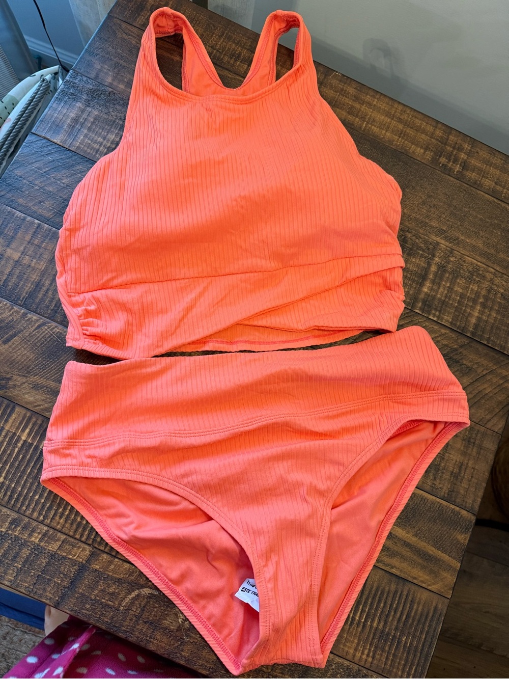 Ribbed High-Neck Two-Piece Swimsuit in Bright Coral